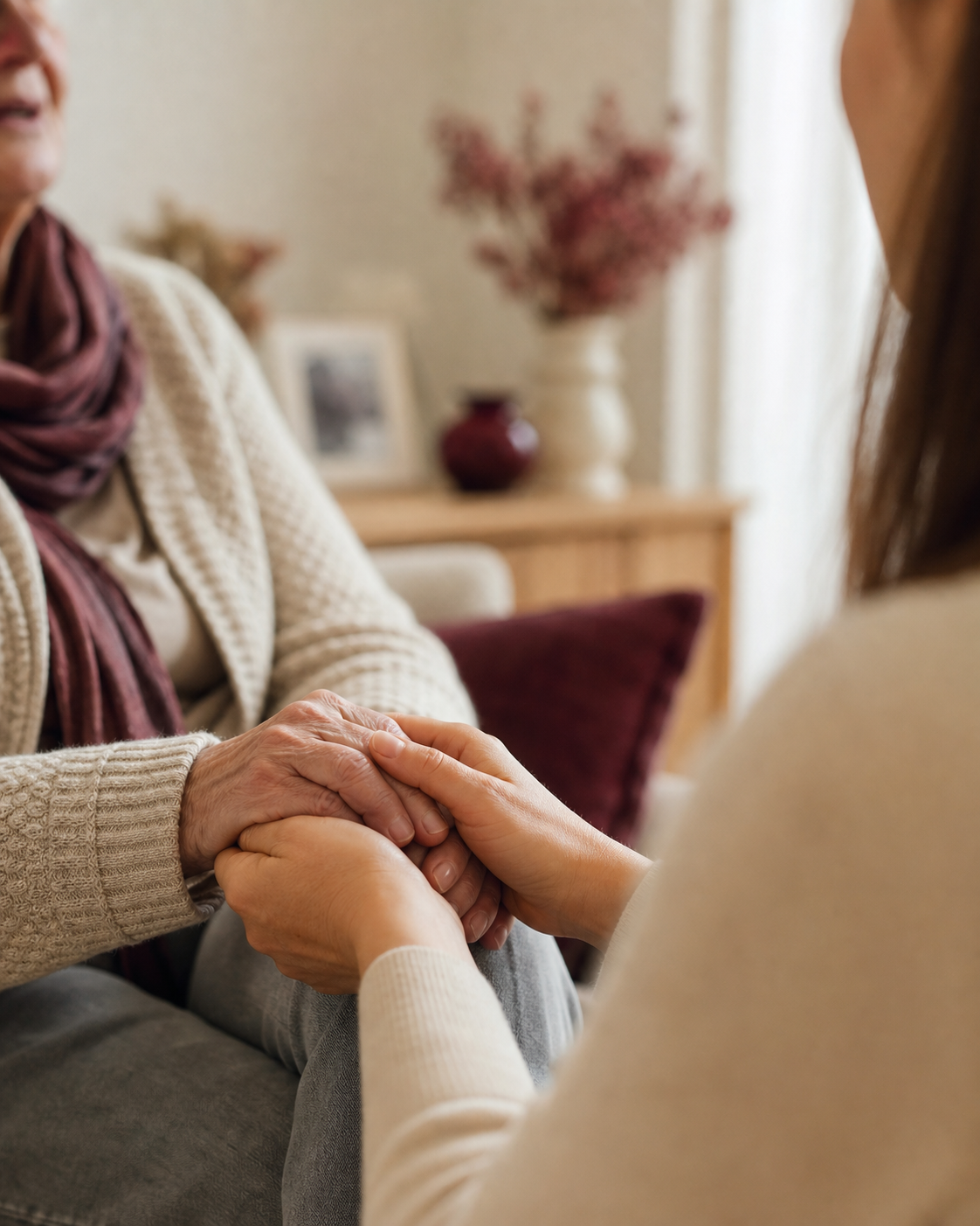 Une professionnelle tenant avec douceur les mains d’une personne âgée